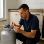 Botijao de gas residencial com mangueira e regulador em instalacao segura e ventilada
