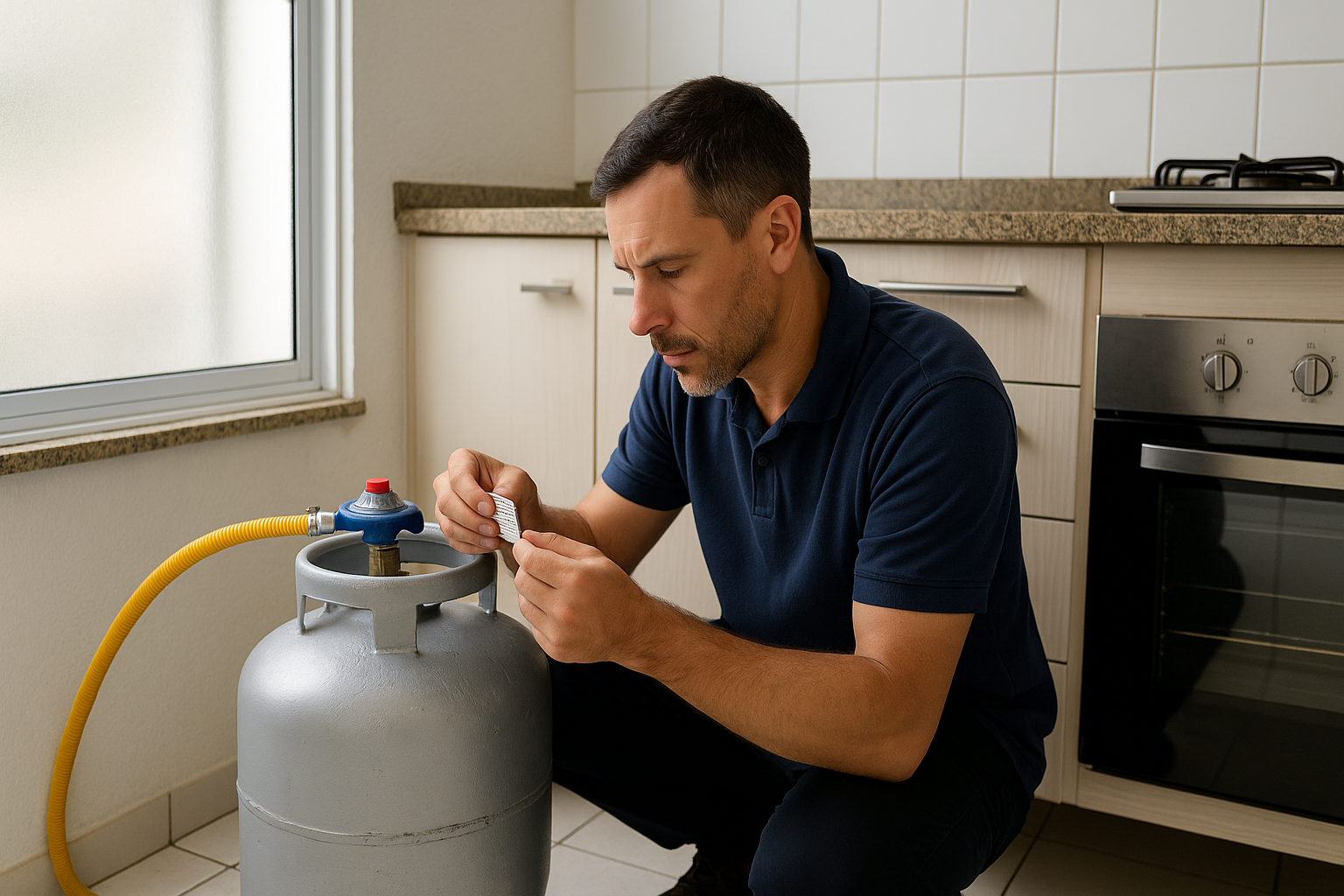 Botijao de gas residencial com mangueira e regulador em instalacao segura e ventilada