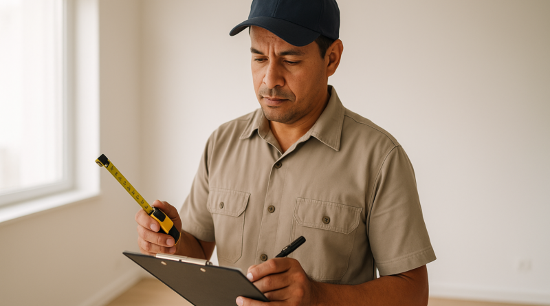Prestador organizando orçamento técnico em prancheta dentro de residência