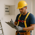Prestador com equipamentos de seguranca revisando servico residencial em altura