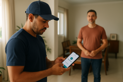Prestador conferindo pagamento Pix no celular antes de finalizar o servico