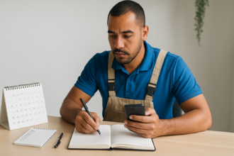 Prestador organizando agenda de atendimentos no celular antes das visitas
