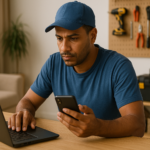 Prestador analisando avaliações de clientes em notebook no fim do atendimento