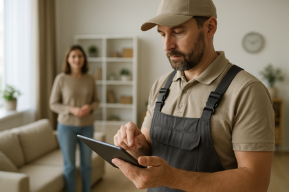 Prestador organizando cadastro de clientes em tablet durante atendimento tecnico