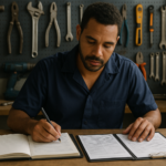 Prestador analisando ordens de servico em mesa com ferramentas