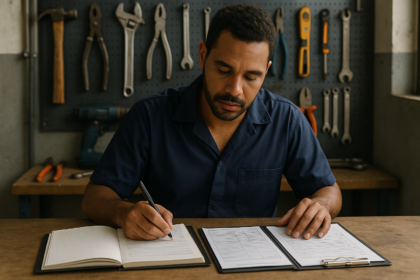 Prestador analisando ordens de servico em mesa com ferramentas