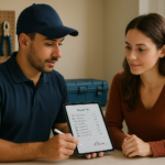 Prestador mostrando orçamento e checklist de serviço para cliente em atendimento residencial