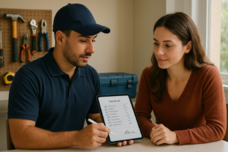 Prestador mostrando orçamento e checklist de serviço para cliente em atendimento residencial
