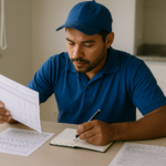 Prestador organizando cobrancas e comprovantes de servicos em uma bancada de trabalho