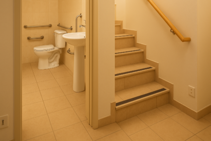 Banheiro e escada residenciais adaptados para prevencao de quedas