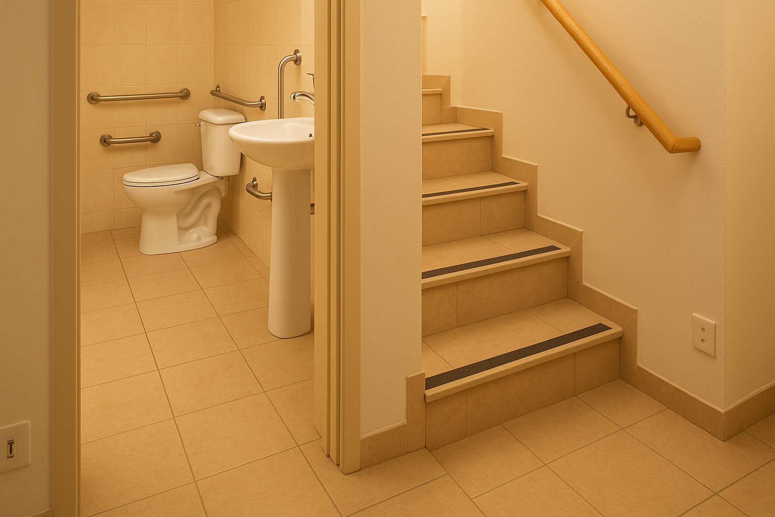 Banheiro e escada residenciais adaptados para prevencao de quedas