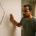 Parede residencial com rachadura visivel enquanto morador observa com preocupacao