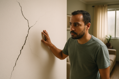 Parede residencial com rachadura visivel enquanto morador observa com preocupacao