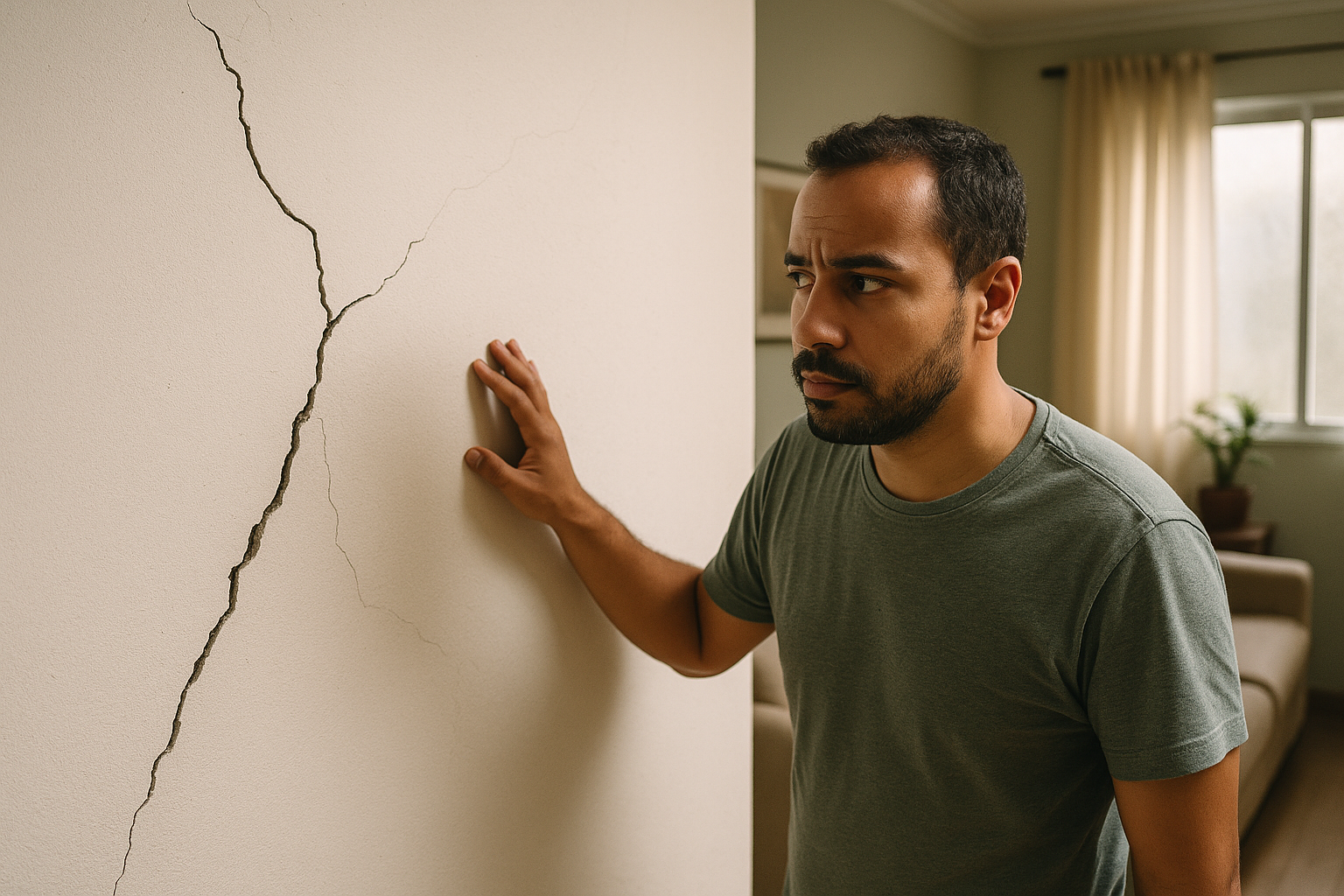 Parede residencial com rachadura visivel enquanto morador observa com preocupacao