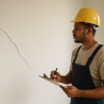 Parede residencial com rachadura diagonal sendo inspecionada por profissional com prancheta