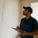 Parede residencial com rachadura sendo inspecionada por profissional