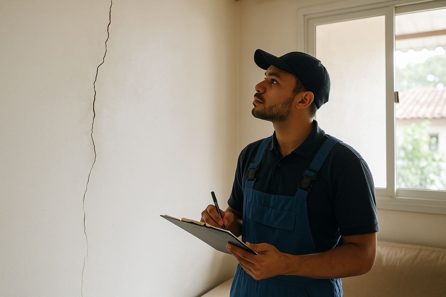 Parede residencial com rachadura sendo inspecionada por profissional