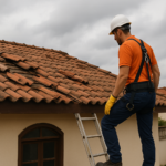 Profissional avaliando telhas soltas em telhado residencial apos ventania