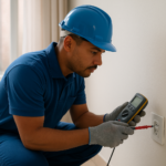 Eletricista inspecionando tomada residencial com sinais de aquecimento